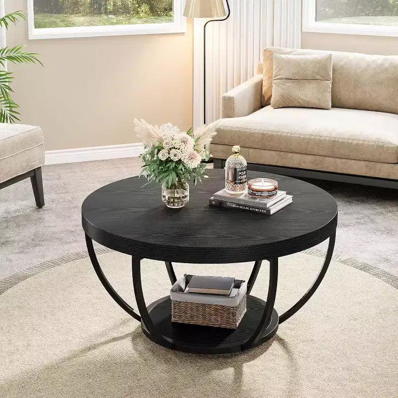 Table basse ronde de 80,5 cm, table basse circulaire à 2 niveaux avec étagères de rangement, table basse moderne pour salon, noire