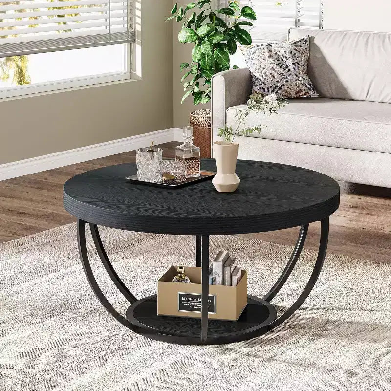 Table basse ronde de 80,5 cm, table basse circulaire à 2 niveaux avec étagères de rangement, table basse moderne pour salon, noire