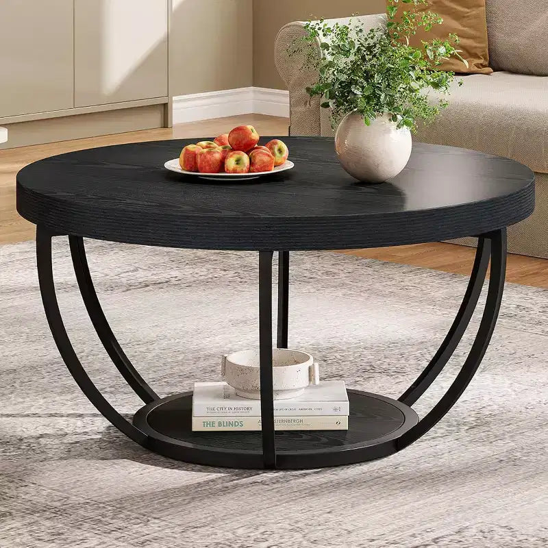 Table basse ronde de 80,5 cm, table basse circulaire à 2 niveaux avec étagères de rangement, table basse moderne pour salon, noire