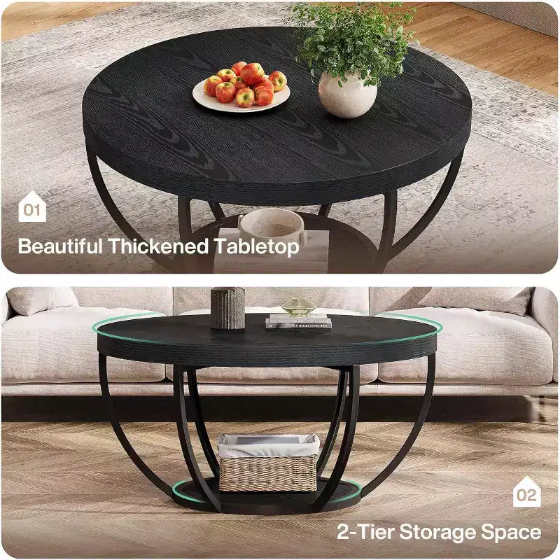 Table basse ronde de 80,5 cm, table basse circulaire à 2 niveaux avec étagères de rangement, table basse moderne pour salon, noire