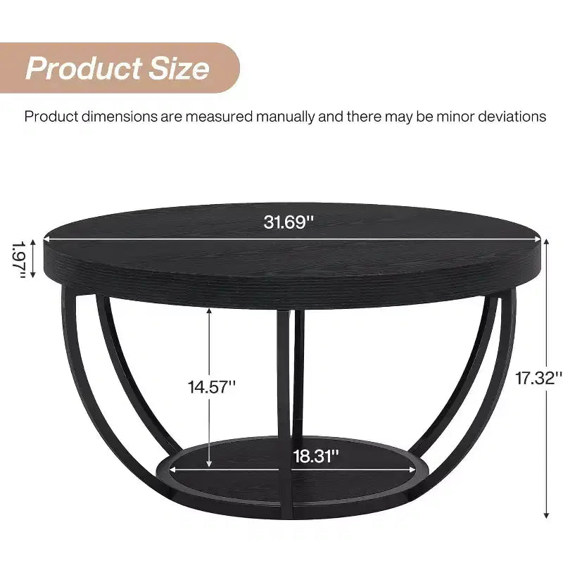 Table basse ronde de 80,5 cm, table basse circulaire à 2 niveaux avec étagères de rangement, table basse moderne pour salon, noire