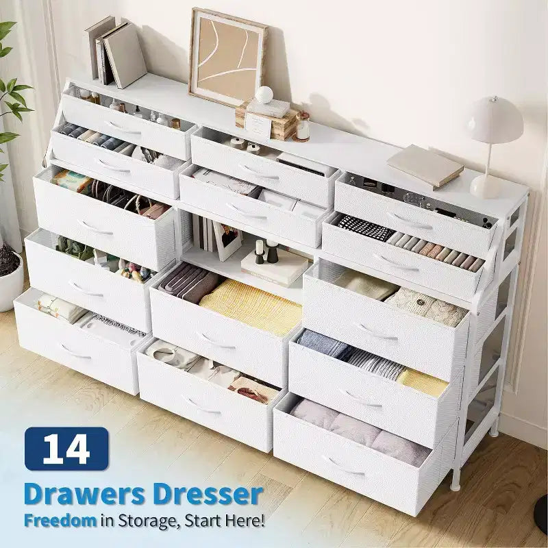 Commode de chambre à 14 tiroirs, commode de 55" de large avec pochette latérale, cadre en métal et dessus en bois avec étagères ouvertes, pour chambre, salon, dressing