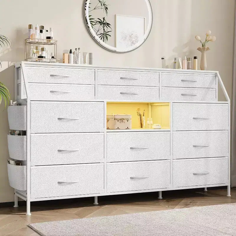 Commode de chambre à 14 tiroirs, commode de 55" de large avec pochette latérale, cadre en métal et dessus en bois avec étagères ouvertes, pour chambre, salon, dressing