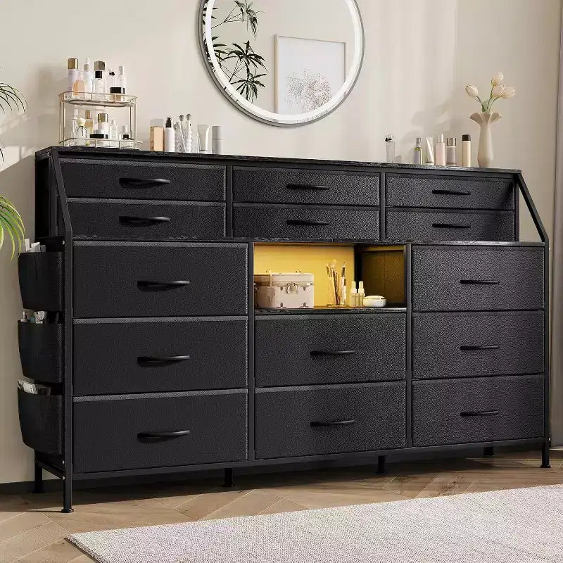 Commode de chambre à 14 tiroirs, commode de 55" de large avec pochette latérale, cadre en métal et dessus en bois avec étagères ouvertes, pour chambre, salon, dressing