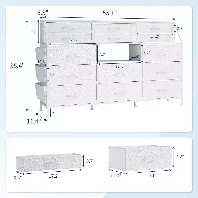 Commode de chambre à 14 tiroirs, commode de 55" de large avec pochette latérale, cadre en métal et dessus en bois avec étagères ouvertes, pour chambre, salon, dressing