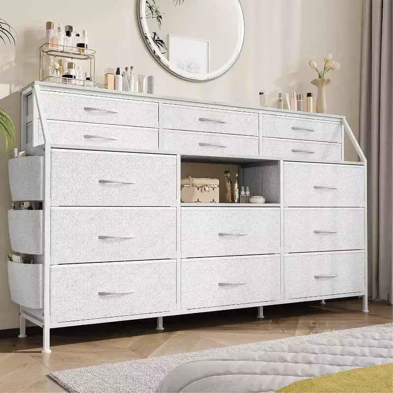 Commode de chambre à 14 tiroirs, commode de 55" de large avec pochette latérale, cadre en métal et dessus en bois avec étagères ouvertes, pour chambre, salon, dressing