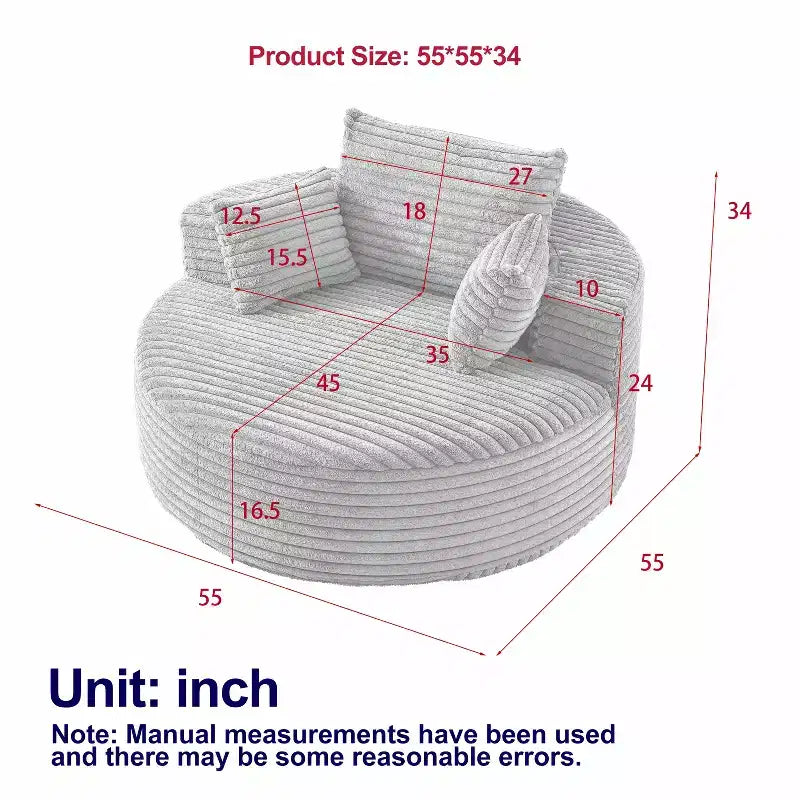 Fauteuil convertible en velours côtelé moelleux de 55" de large avec oreillers, fauteuil de canapé extra large moderne pour salon, chambre ou lounge