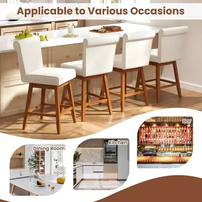 Tabourets de bar pivotants avec pieds en bois d'hévéa et revêtement en lin beige/gris