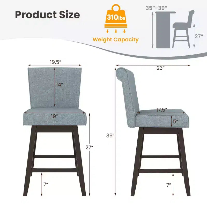 Tabourets de bar pivotants avec pieds en bois d'hévéa et revêtement en lin beige/gris