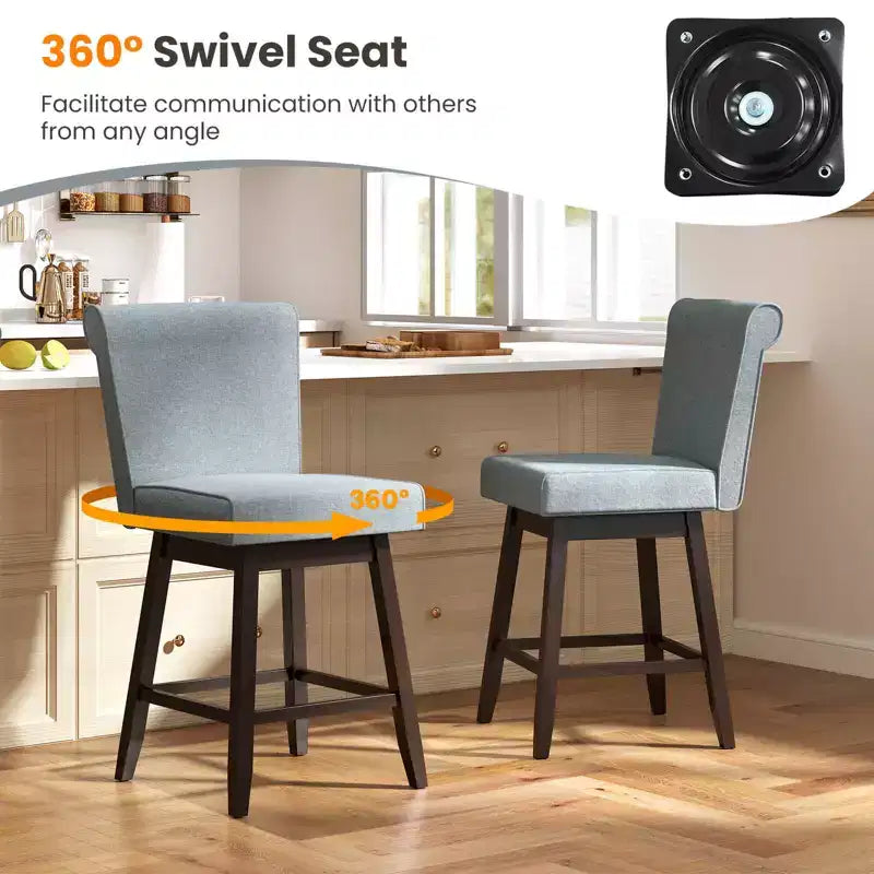 Tabourets de bar pivotants avec pieds en bois d'hévéa et revêtement en lin beige/gris