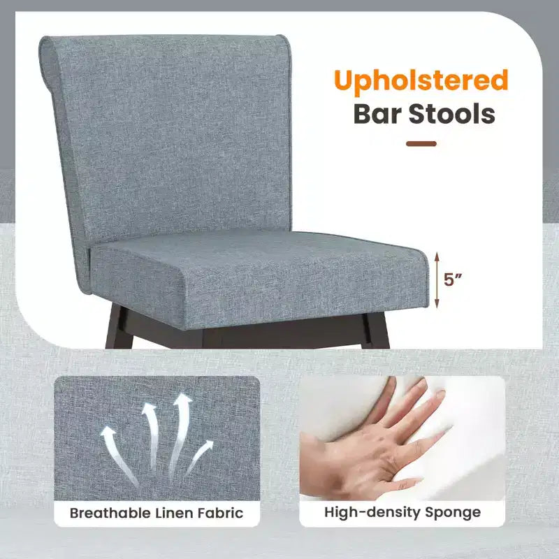 Tabourets de bar pivotants avec pieds en bois d'hévéa et revêtement en lin beige/gris