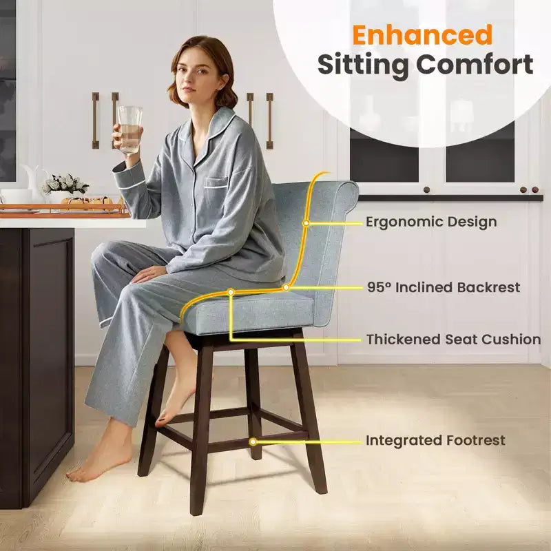 Tabourets de bar pivotants avec pieds en bois d'hévéa et revêtement en lin beige/gris