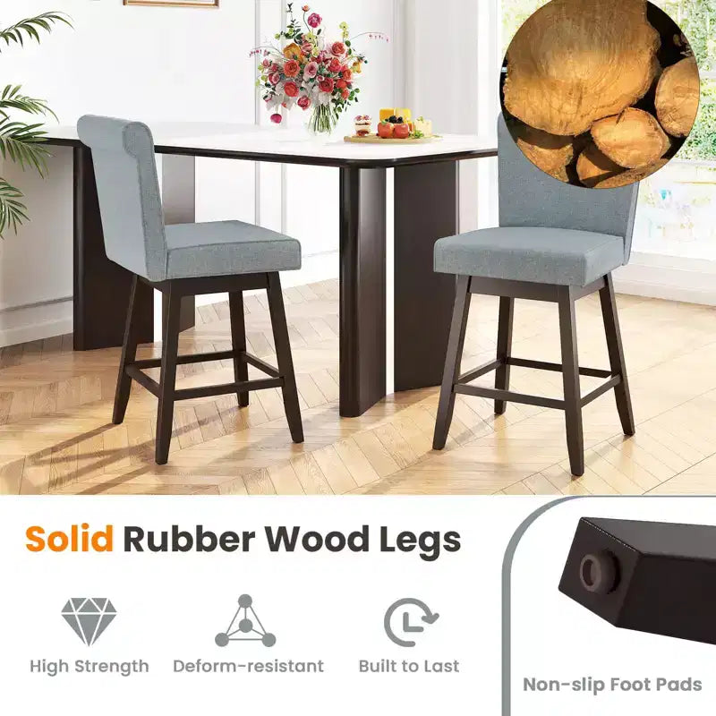 Tabourets de bar pivotants avec pieds en bois d'hévéa et revêtement en lin beige/gris