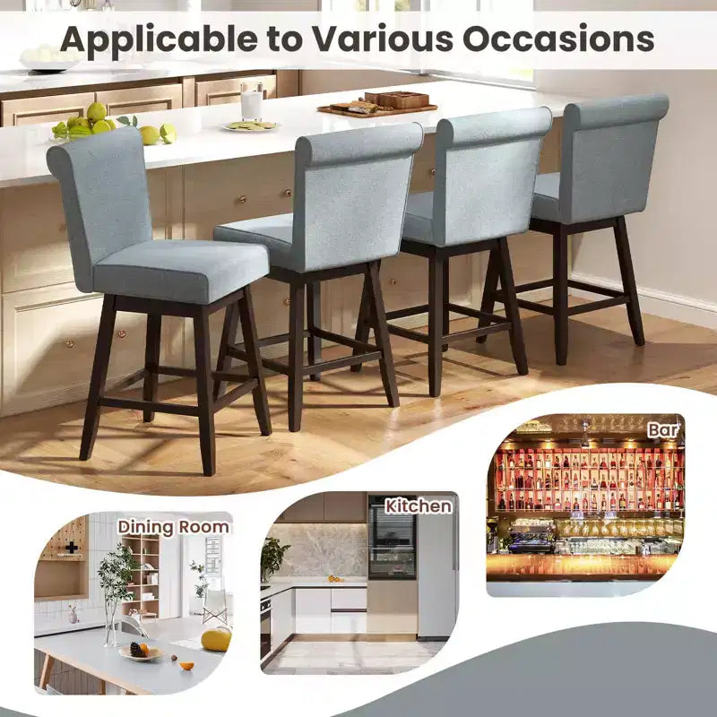 Tabourets de bar pivotants avec pieds en bois d'hévéa et revêtement en lin beige/gris