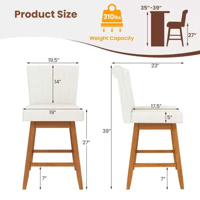 Tabourets de bar pivotants avec pieds en bois d'hévéa et revêtement en lin beige/gris