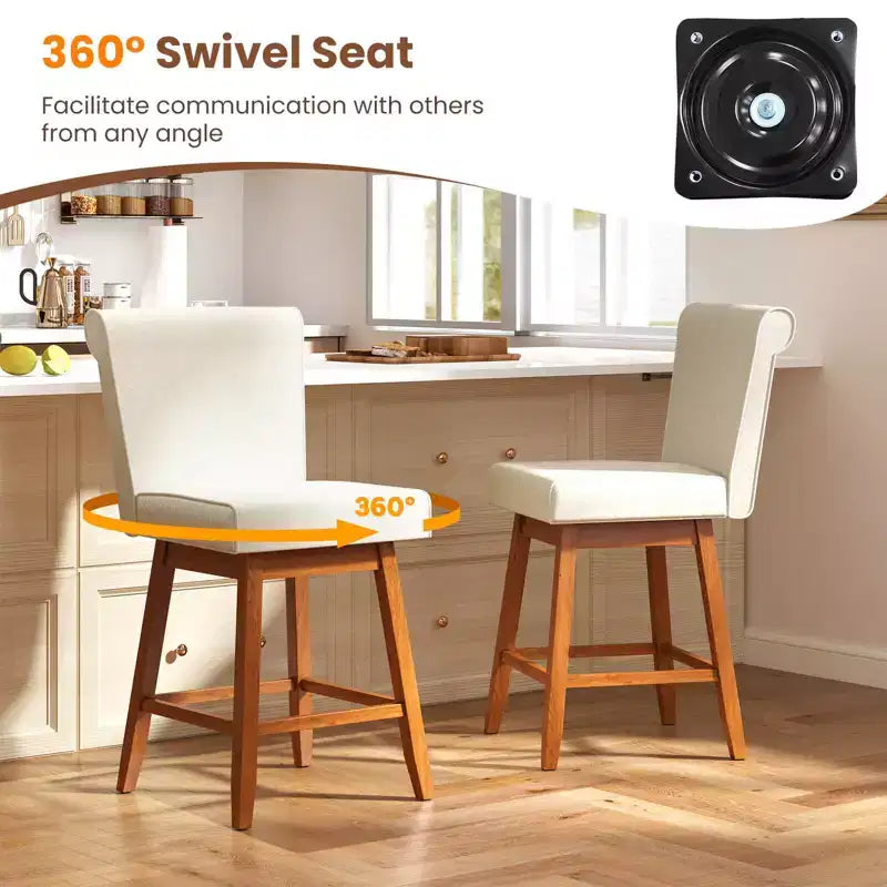 Tabourets de bar pivotants avec pieds en bois d'hévéa et revêtement en lin beige/gris