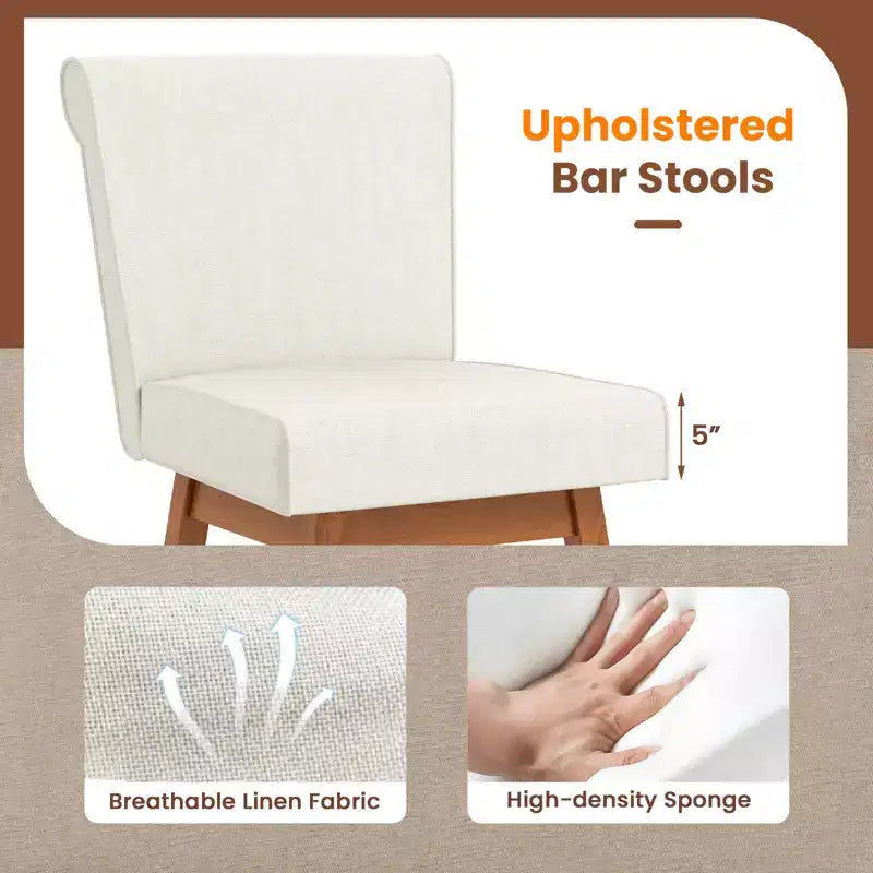 Tabourets de bar pivotants avec pieds en bois d'hévéa et revêtement en lin beige/gris