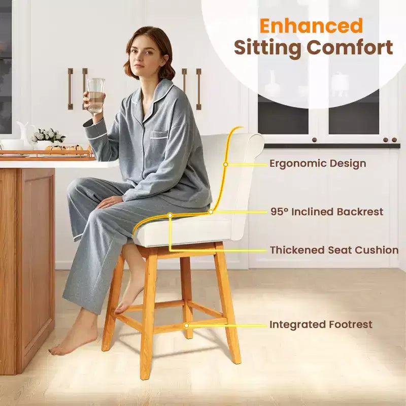Tabourets de bar pivotants avec pieds en bois d'hévéa et revêtement en lin beige/gris