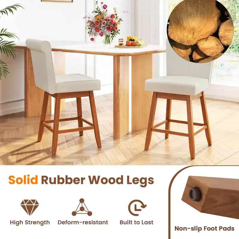 Tabourets de bar pivotants avec pieds en bois d'hévéa et revêtement en lin beige/gris