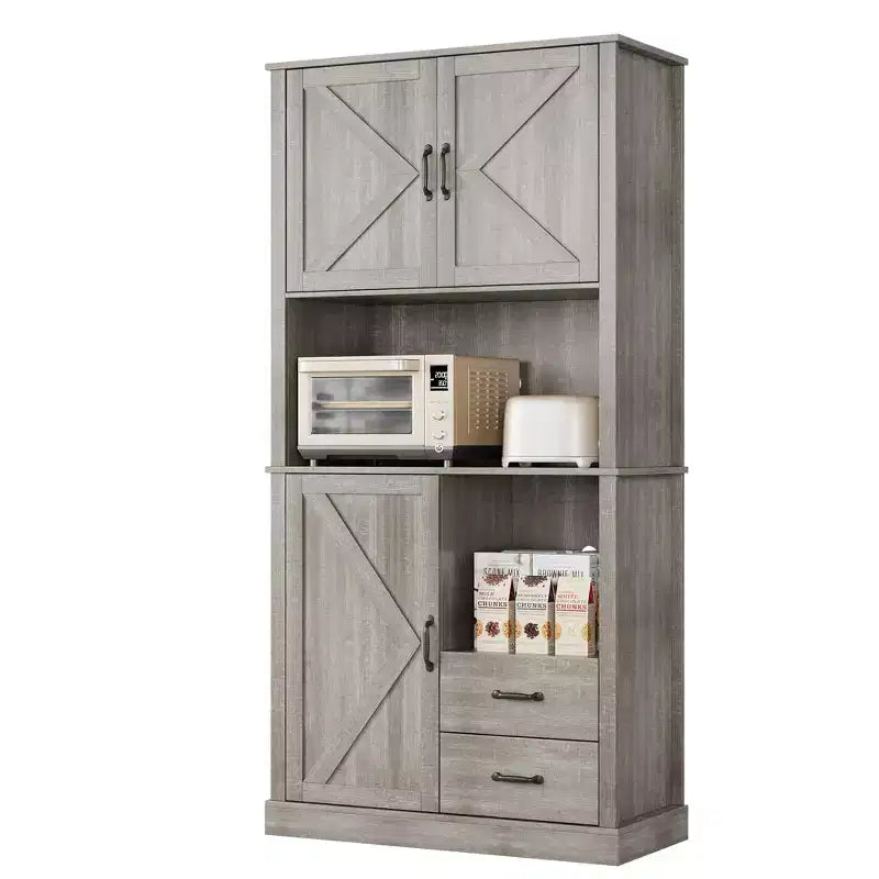 Kitchen Pantry Cabinet with Microwave Stand & Drawers - Tall Hutch Bar Cabinet, Adjustable Shelves, Large Wood Storage for Dining Room, Living Room