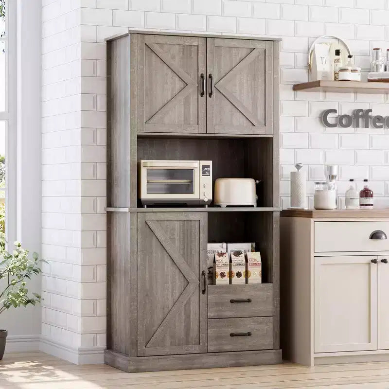 Meuble de cuisine avec support pour micro-ondes et tiroirs - Grand buffet de bar, étagères réglables, grand rangement en bois pour salle à manger, salon