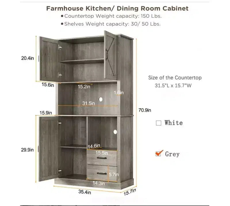 Meuble de cuisine avec support pour micro-ondes et tiroirs - Grand buffet de bar, étagères réglables, grand rangement en bois pour salle à manger, salon