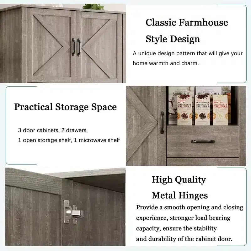 Meuble de cuisine avec support pour micro-ondes et tiroirs - Grand buffet de bar, étagères réglables, grand rangement en bois pour salle à manger, salon