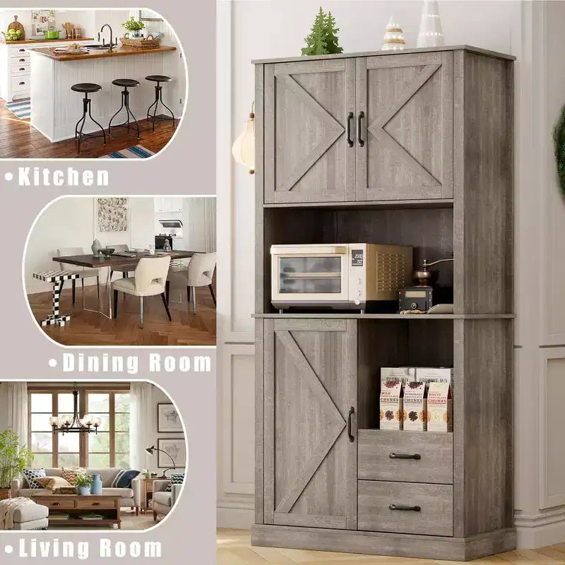 Meuble de cuisine avec support pour micro-ondes et tiroirs - Grand buffet de bar, étagères réglables, grand rangement en bois pour salle à manger, salon