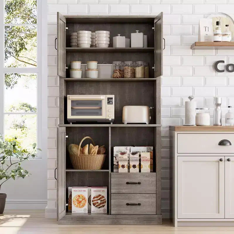 Meuble de cuisine avec support pour micro-ondes et tiroirs - Grand buffet de bar, étagères réglables, grand rangement en bois pour salle à manger, salon