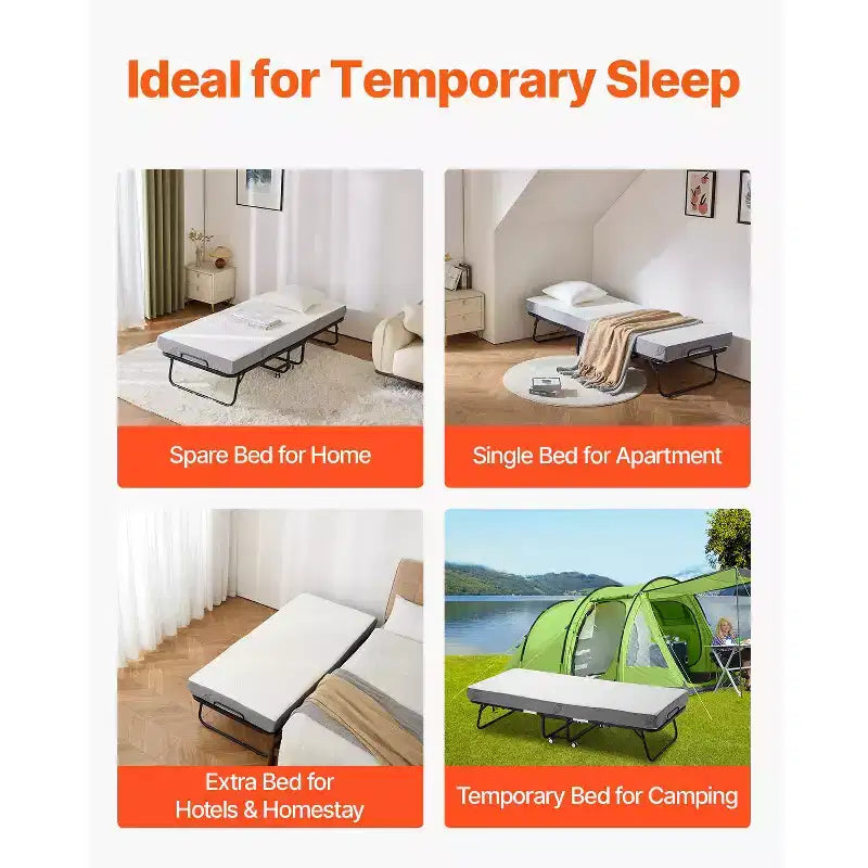 Lit d'appoint pliant 79 x 190,5 cm avec matelas de 12,7 cm, lit pliant simple avec cadre métallique robuste et matelas en mousse à mémoire de forme