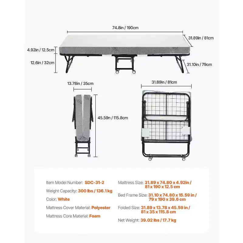 Lit d'appoint pliant 79 x 190,5 cm avec matelas de 12,7 cm, lit pliant simple avec cadre métallique robuste et matelas en mousse à mémoire de forme