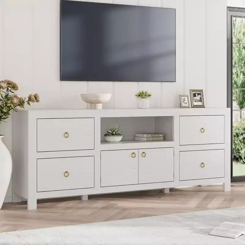 Meuble TV pour téléviseurs de 75/80 pouces, meuble de divertissement avec rangement et étagère, consoles et supports TV