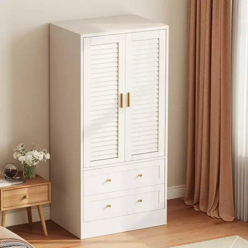 Armoire de chambre de 165 cm avec 2 portes à persiennes et 2 tiroirs, avec tringle à vêtements, grande capacité de rangement, en bois, autoportante