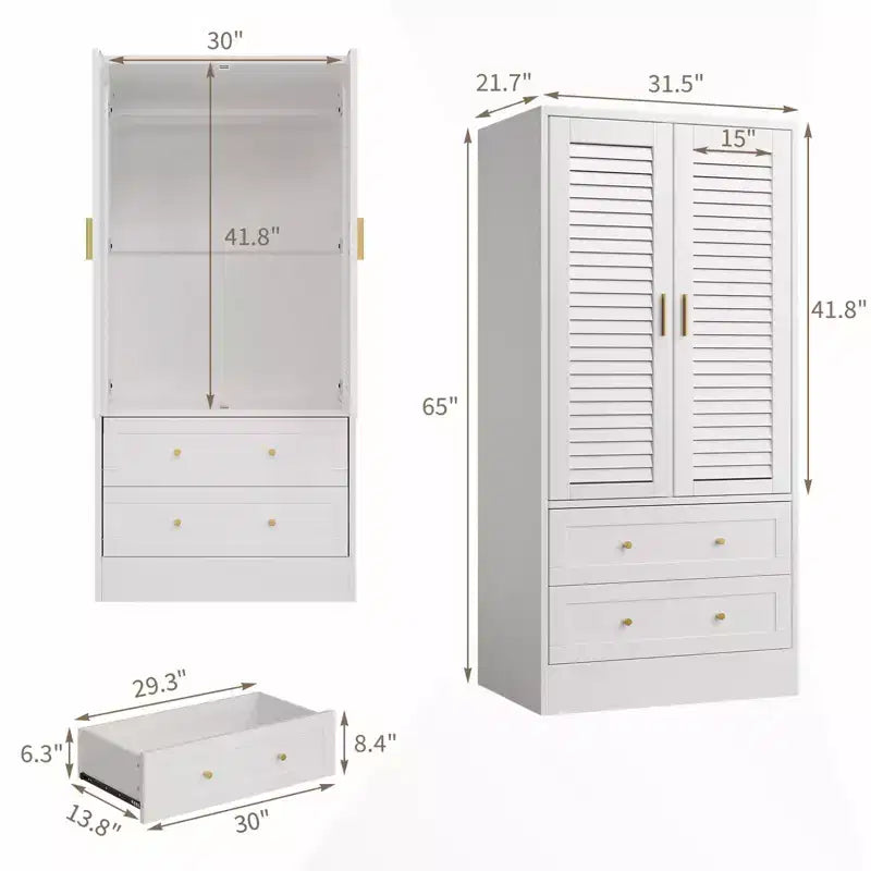Armoire de chambre de 165 cm avec 2 portes à persiennes et 2 tiroirs, avec tringle à vêtements, grande capacité de rangement, en bois, autoportante