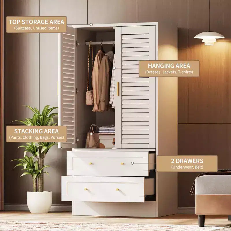 Armoire de chambre de 165 cm avec 2 portes à persiennes et 2 tiroirs, avec tringle à vêtements, grande capacité de rangement, en bois, autoportante