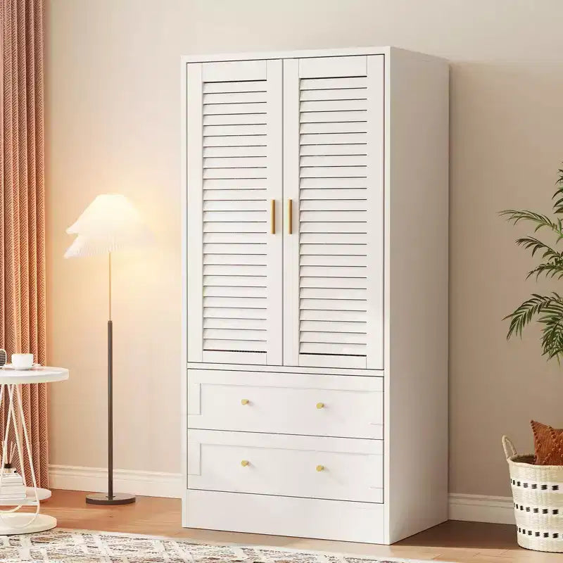 Armoire de chambre de 165 cm avec 2 portes à persiennes et 2 tiroirs, avec tringle à vêtements, grande capacité de rangement, en bois, autoportante
