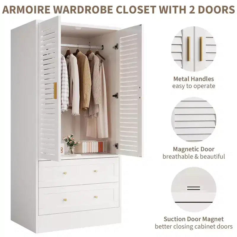 Armoire de chambre de 165 cm avec 2 portes à persiennes et 2 tiroirs, avec tringle à vêtements, grande capacité de rangement, en bois, autoportante