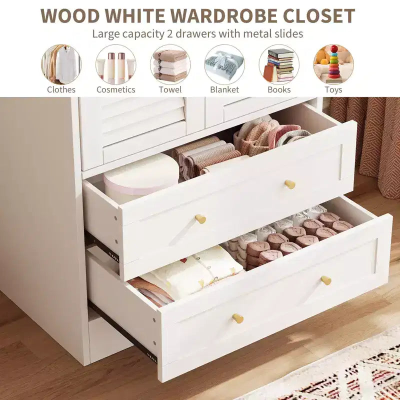 Armoire de chambre de 165 cm avec 2 portes à persiennes et 2 tiroirs, avec tringle à vêtements, grande capacité de rangement, en bois, autoportante