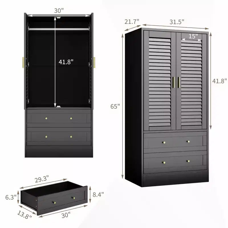 Armoire de chambre de 165 cm avec 2 portes à persiennes et 2 tiroirs, avec tringle à vêtements, grande capacité de rangement, en bois, autoportante