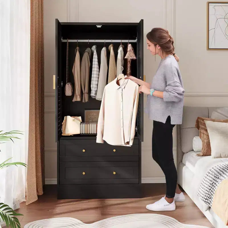 Armoire de chambre de 165 cm avec 2 portes à persiennes et 2 tiroirs, avec tringle à vêtements, grande capacité de rangement, en bois, autoportante
