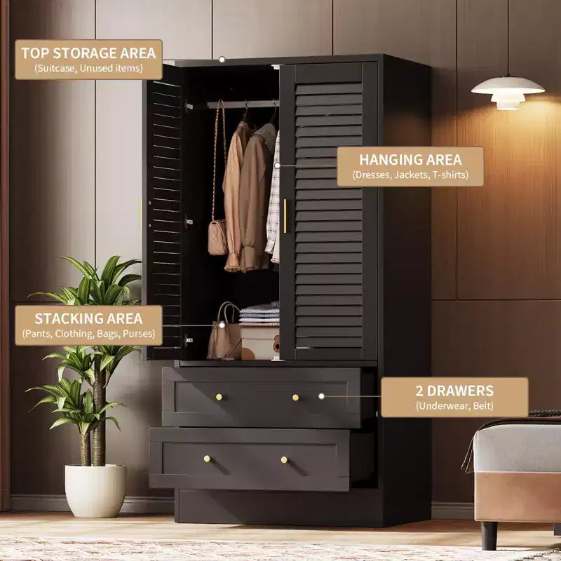 Armoire de chambre de 165 cm avec 2 portes à persiennes et 2 tiroirs, avec tringle à vêtements, grande capacité de rangement, en bois, autoportante