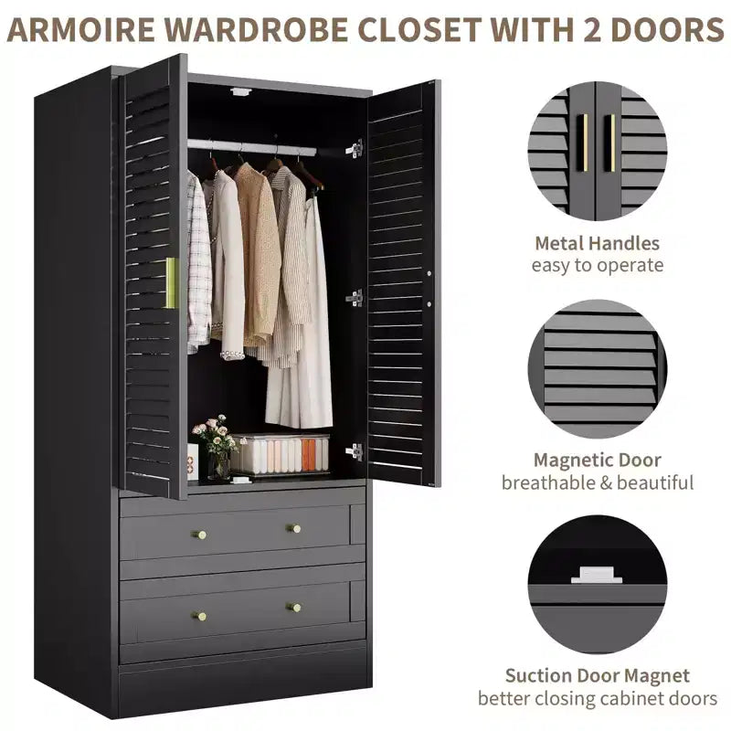 Armoire de chambre de 165 cm avec 2 portes à persiennes et 2 tiroirs, avec tringle à vêtements, grande capacité de rangement, en bois, autoportante