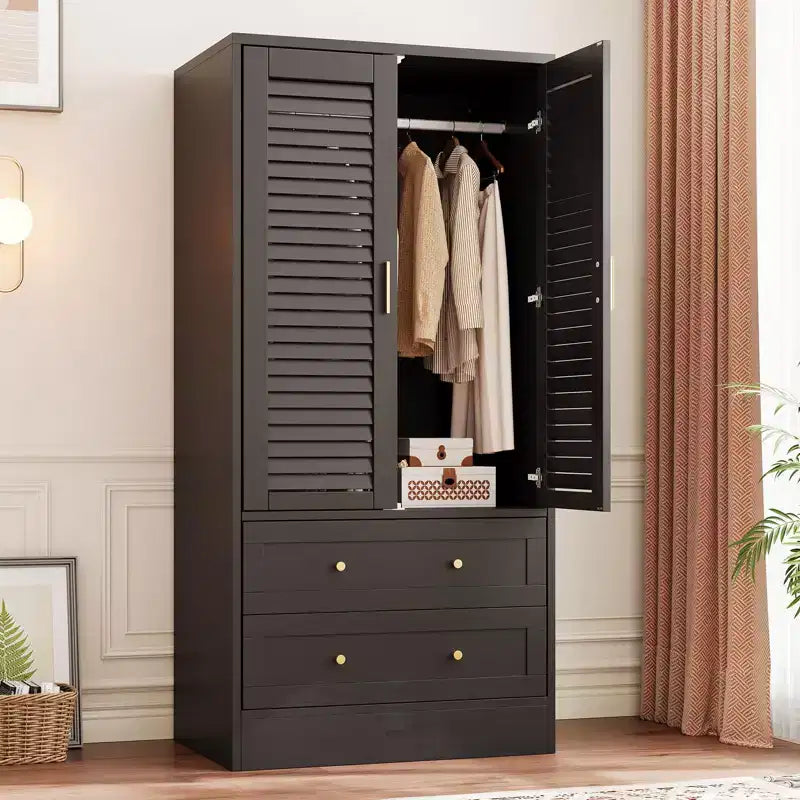 Armoire de chambre de 165 cm avec 2 portes à persiennes et 2 tiroirs, avec tringle à vêtements, grande capacité de rangement, en bois, autoportante