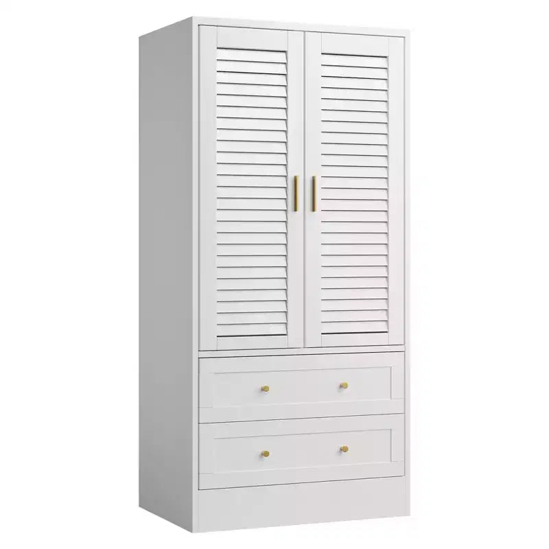 Armoire de chambre de 165 cm avec 2 portes à persiennes et 2 tiroirs, avec tringle à vêtements, grande capacité de rangement, en bois, autoportante