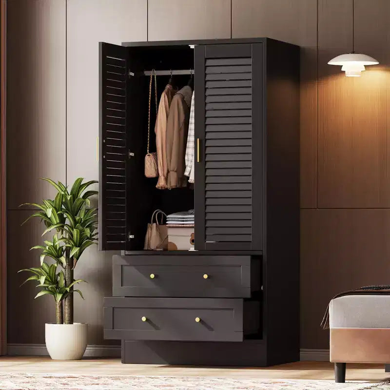 Armoire de chambre de 165 cm avec 2 portes à persiennes et 2 tiroirs, avec tringle à vêtements, grande capacité de rangement, en bois, autoportante