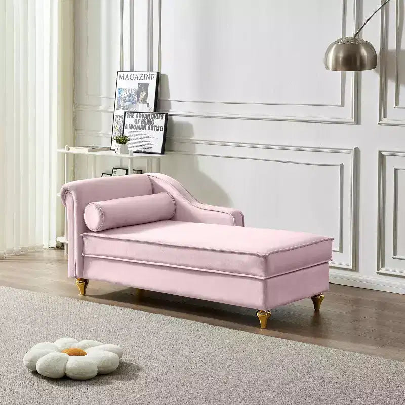 Canapé-méridienne en velours avec pieds en métal doré, coussin rond, pour salon, rose