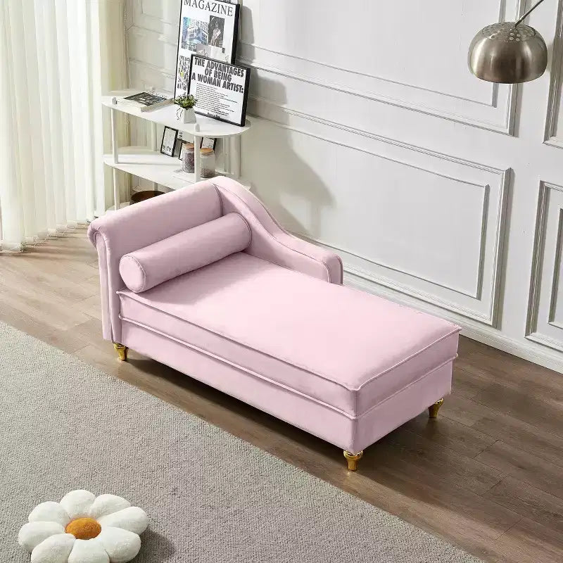 Canapé-méridienne en velours avec pieds en métal doré, coussin rond, pour salon, rose