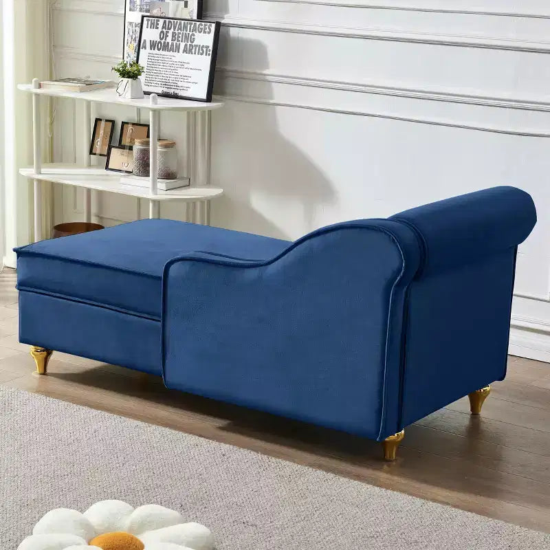 Canapé méridienne en velours avec pieds en métal doré et coussin rond pour salon bleu