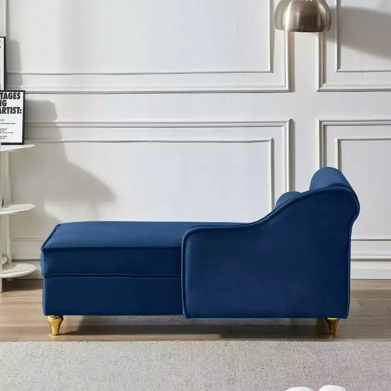 Canapé méridienne en velours avec pieds en métal doré et coussin rond pour salon bleu