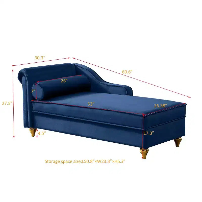 Canapé méridienne en velours avec pieds en métal doré et coussin rond pour salon bleu
